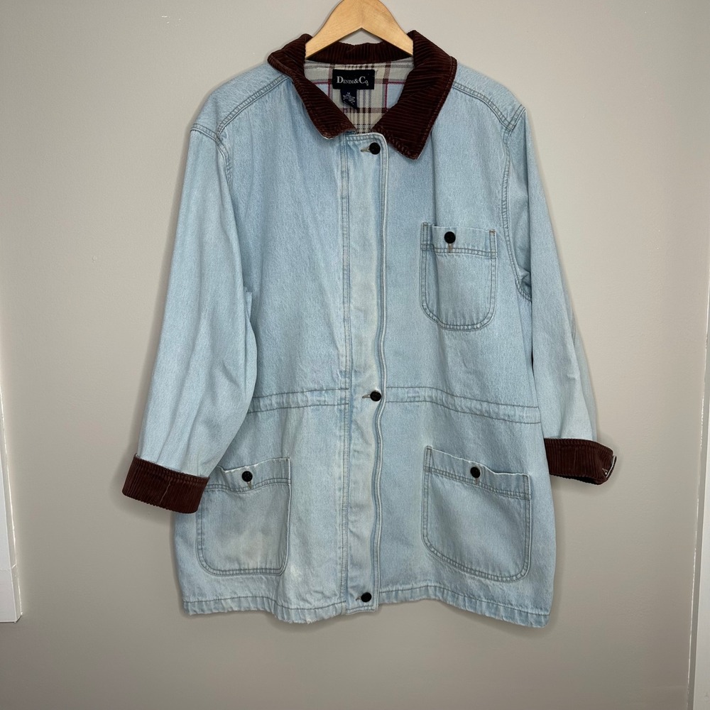 Denim & Co. Women's‎ 1X Light Wash Denim Corduroy Trim Jacket Plaid Lined 90's